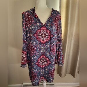 White House Black Market Bell Sleeve‎ Medallion Geo Print Large Petite LP Dress